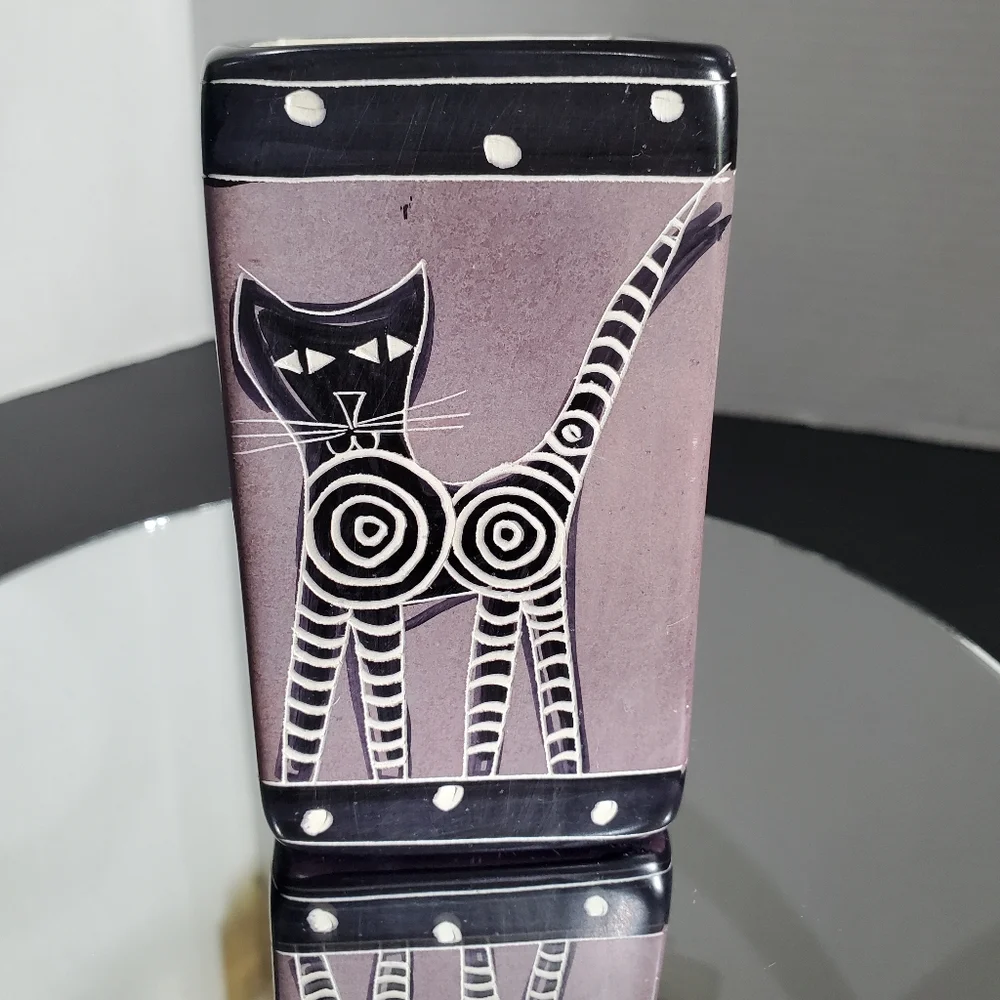 Cat Vase / pencil / pen holder L👀K Carved Soapstone Kenya Kissii Tribe Africa